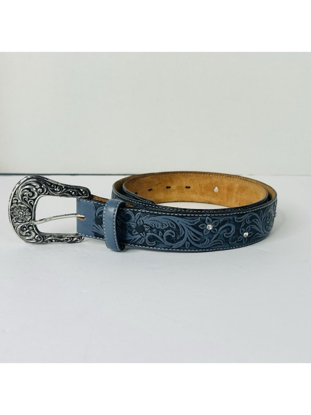 Justin Boots Western Belt Womens 36 Blue Silver Tooled Studded Rhinestone C20386